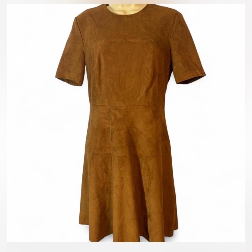 Bagatelle collection short sleeve fit flare seam faux camel brown suede dress S